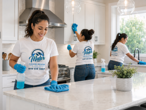 A cleaner wiping down the worktop of a kitchen with clear counters