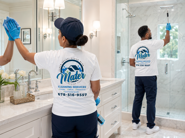 A bathroom basin and mirror being cleaned