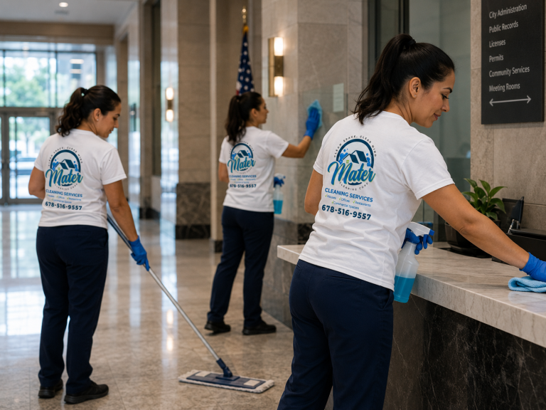 The lobby of an office building after cleaning