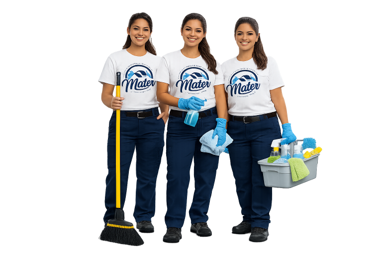 An illustration of a cleaning crew with their equipment