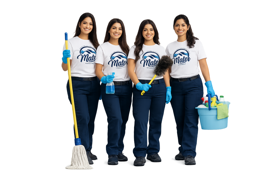 Four cleaners standing together with a mop, a bucket and a caddy of supplies