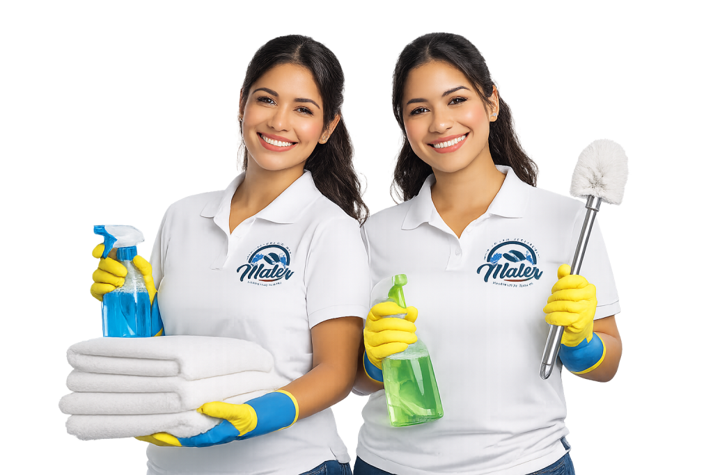 Two cleaners holding folded towels, a spray bottle and a dustpan