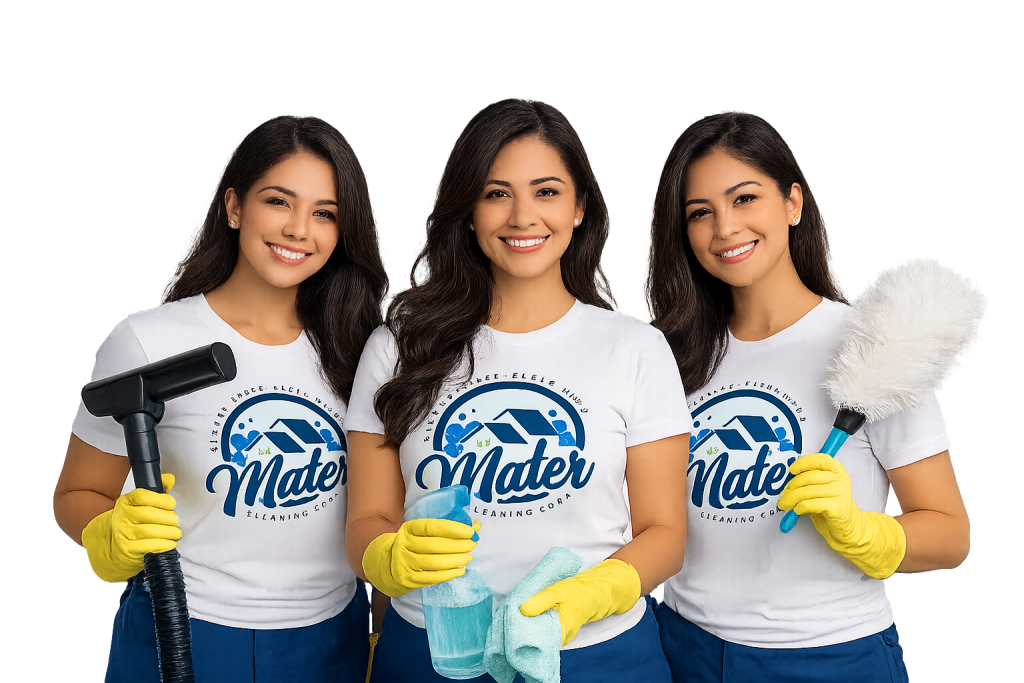 Three members of the Mater cleaning crew with their supplies