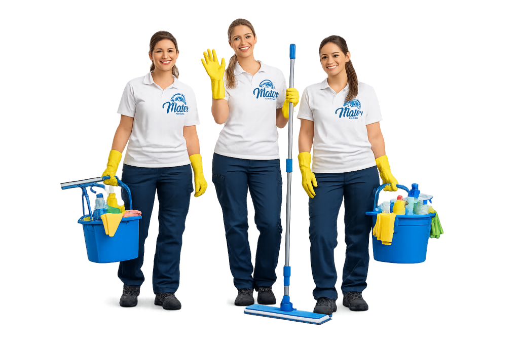 Three cleaners standing with a mop, a broom and buckets of supplies