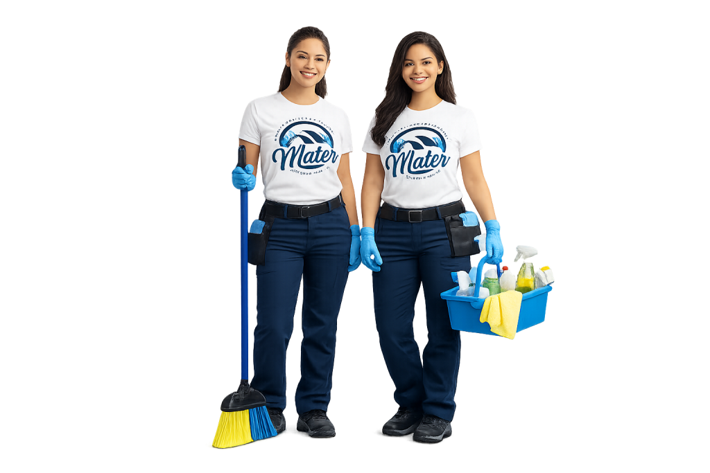 Two cleaners standing together holding a dustpan and a bucket of supplies