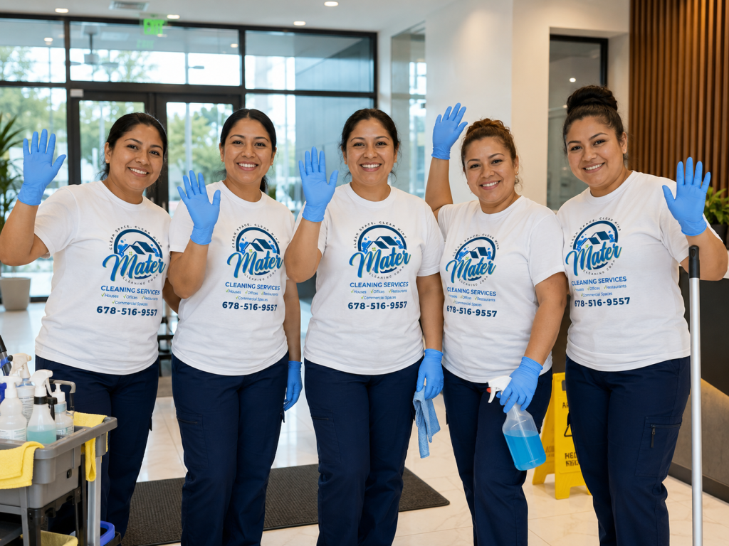 Five Mater Cleaning Services cleaners in branded shirts waving, standing together beside a cart of supplies