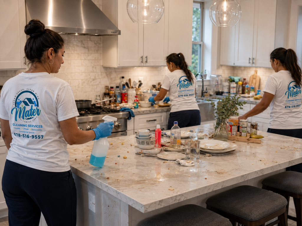 Cleaners working in a kitchen with cluttered worktops and stacked dishes