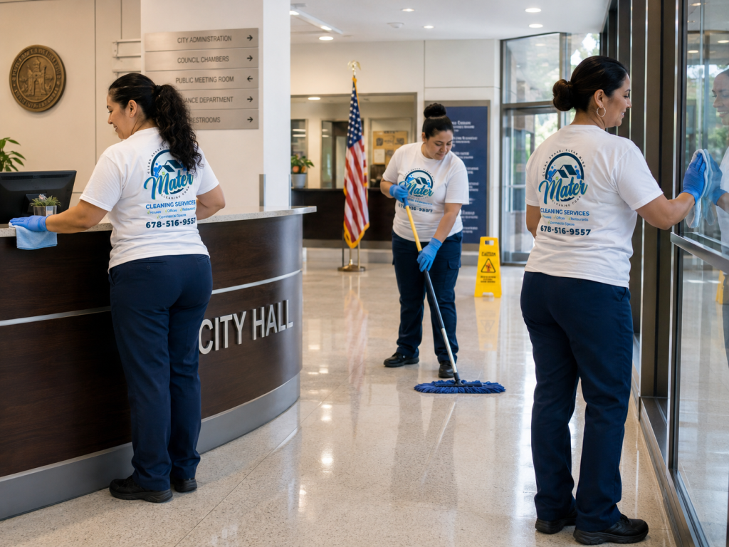 Cleaners at the reception desk and in the corridor of a city hall building