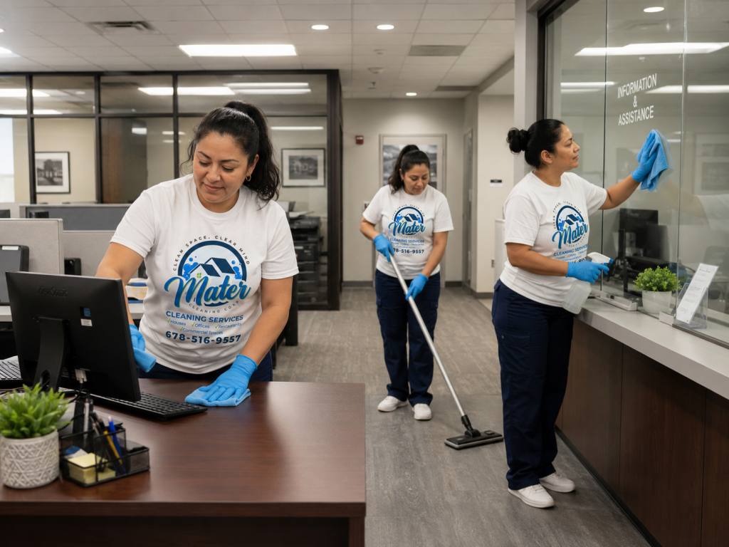Cleaners wiping a desk and a glass partition in an office with flags in the background