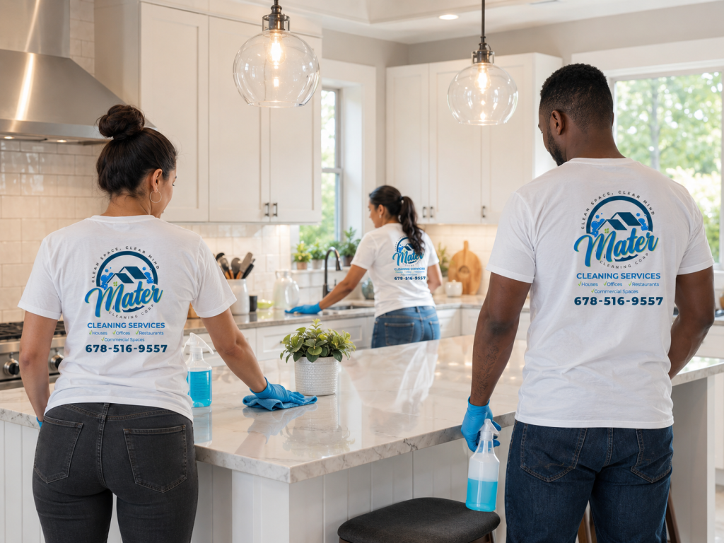 Three cleaners in branded T-shirts and blue gloves wiping the island and worktop in a bright white kitchen