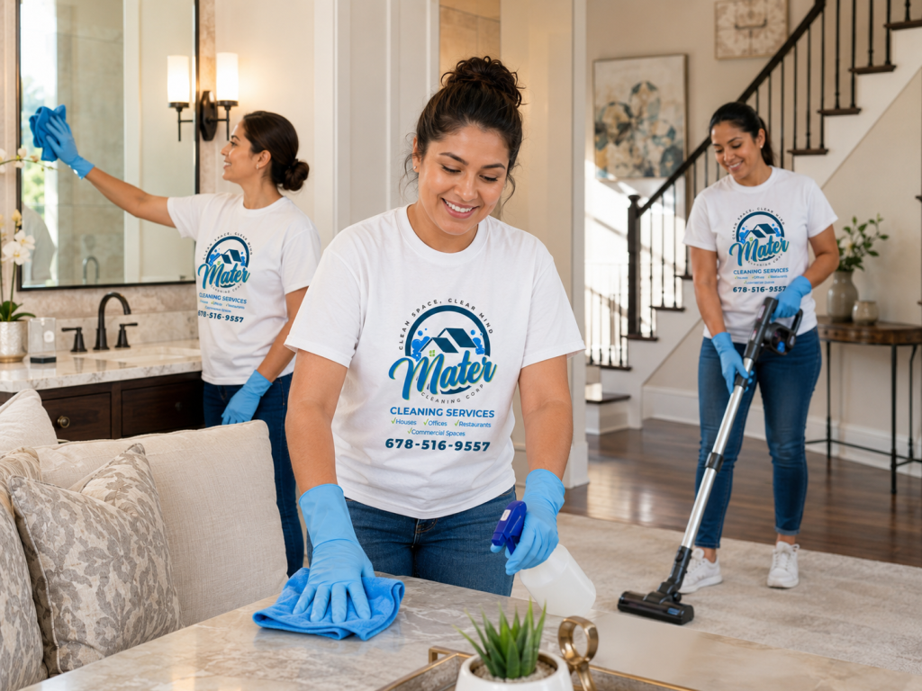 A living room being finished, one cleaner wiping the table while another vacuums the floor