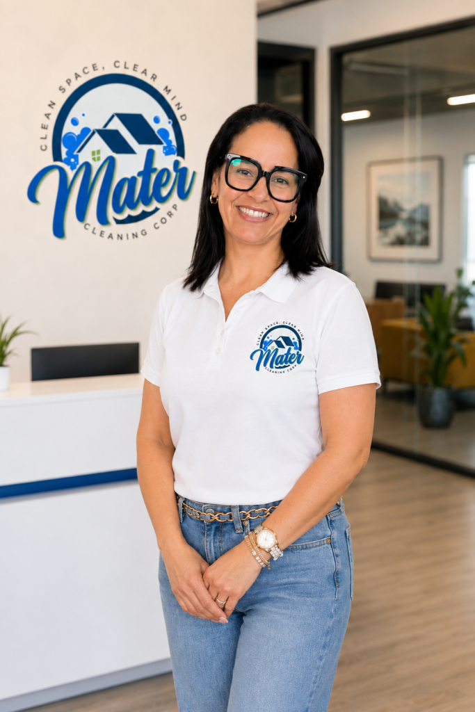 Maria, owner of Mater Cleaning Services, in a Mater polo shirt