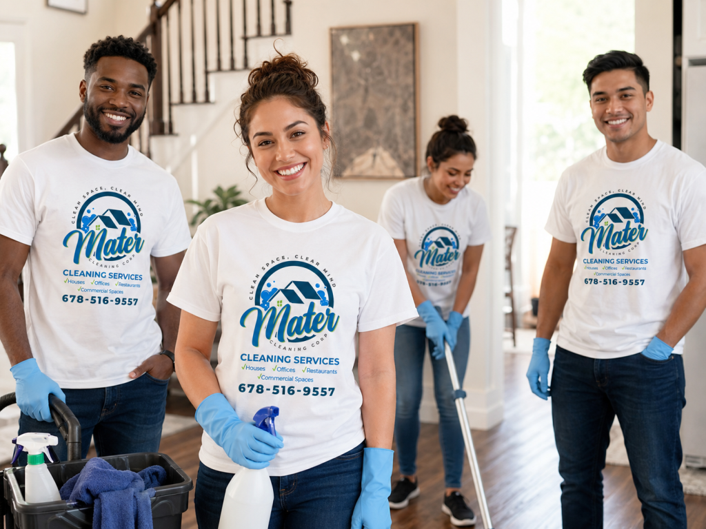 A cleaning team at work in a home, one of them vacuuming while the others carry supplies