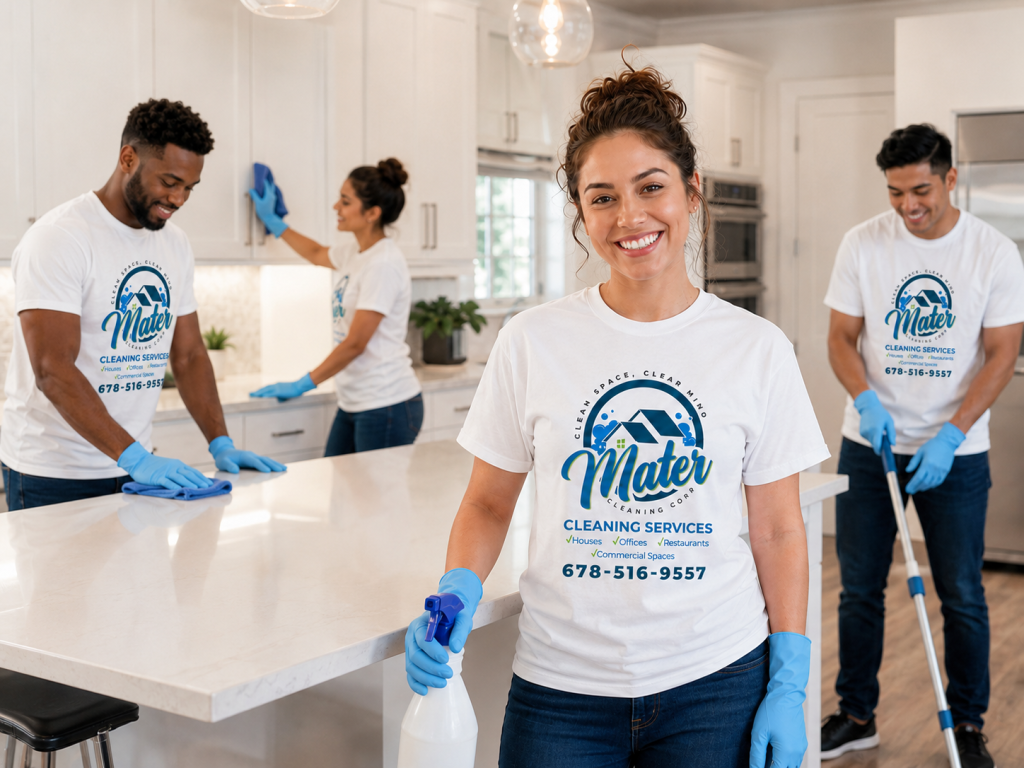 A cleaning team working through the kitchen and hallway of a house
