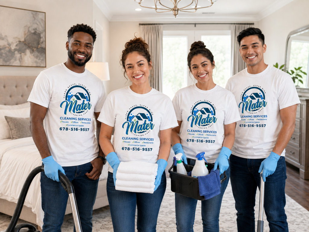 Four cleaners standing together in a hallway with a vacuum and cleaning supplies