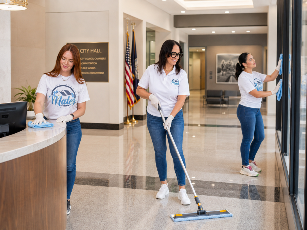 The Mater Cleaning Services team at work in a city hall building