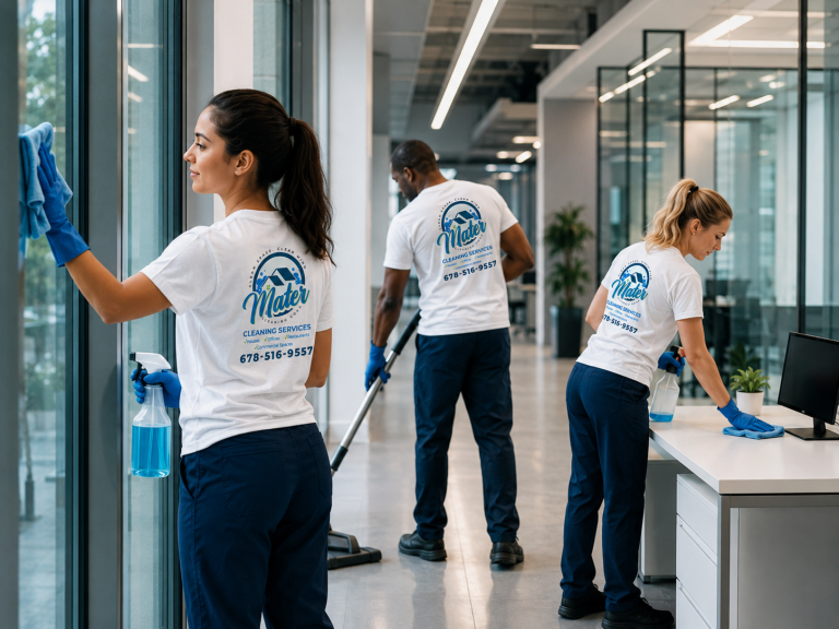 Cleaners wiping glass, vacuuming and mopping in a modern open-plan office