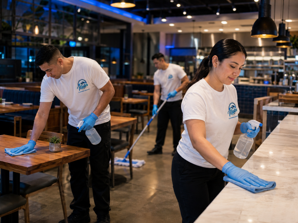 Cleaners wiping the tables and mopping the floor of a restaurant dining room