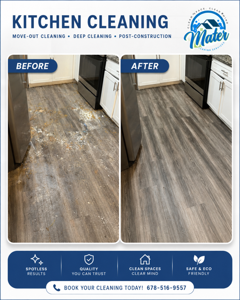 A before-and-after graphic headed Kitchen Cleaning: a debris-strewn floor beside the same floor cleaned