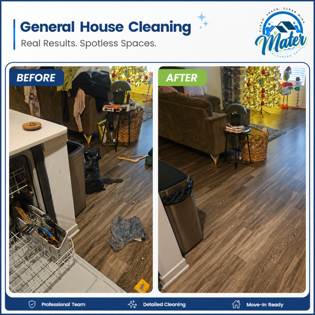 A before-and-after graphic headed General House Cleaning: a cluttered room beside the same room tidied