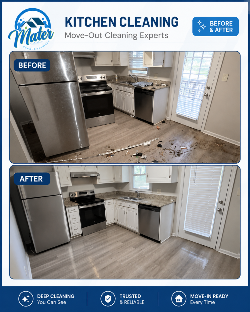 A before-and-after graphic: a kitchen with debris across the floor above the same kitchen with the floor cleared and the surfaces wiped
