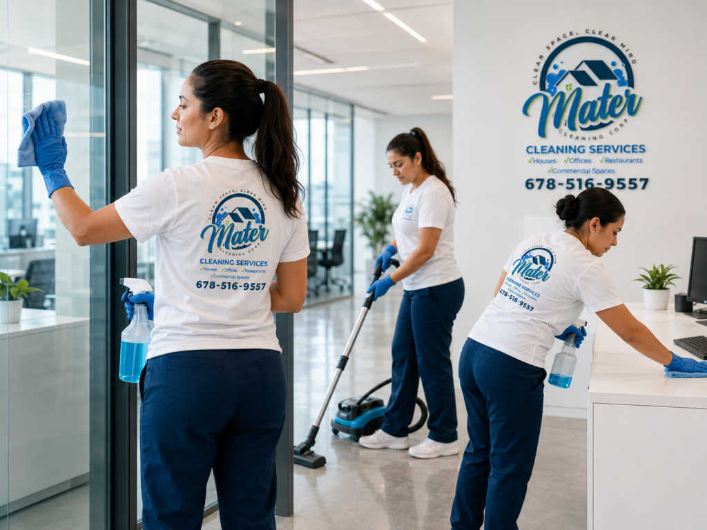Cleaners wiping a glass wall and vacuuming the floor of an open-plan office